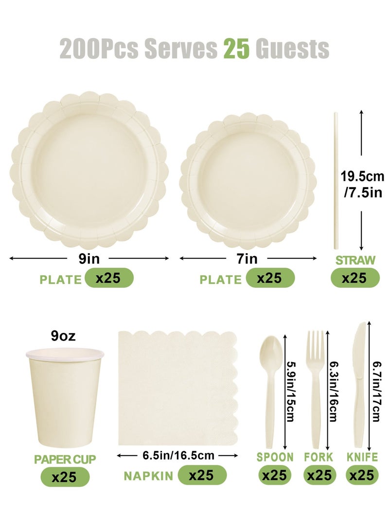 HomarKet 200 Pcs Disposable Paper Plates and Napkins,25 Guest Party Supplies Dinnerware Set Include Scalloped Paper Plates Napkin Cup Straw Plastic Spoon Fork Knive for Party,Wedding,Birthday (Beige) - Image 2